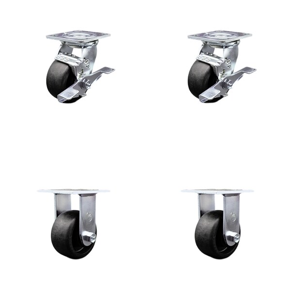 4 Inch Glass Filled Nylon Caster Set with Ball Bearings 2 Brakes 2 Rigid SCC